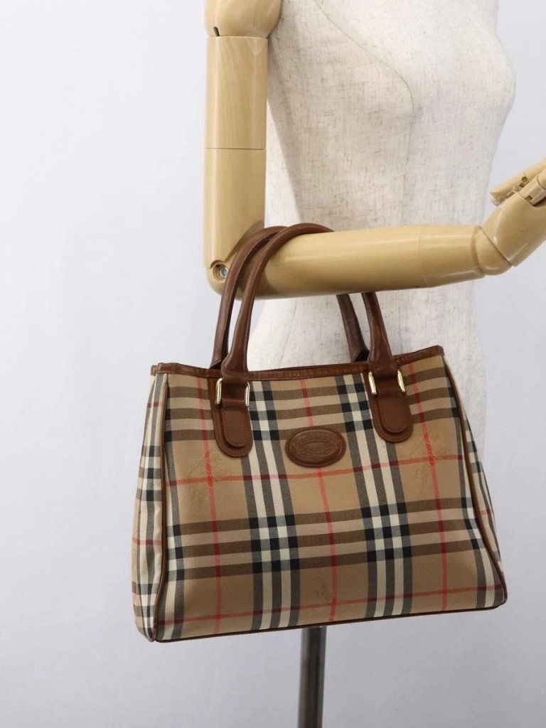 Burberrys Nova Check Hand Bag Canvas Beige Gold Auth Ep13387